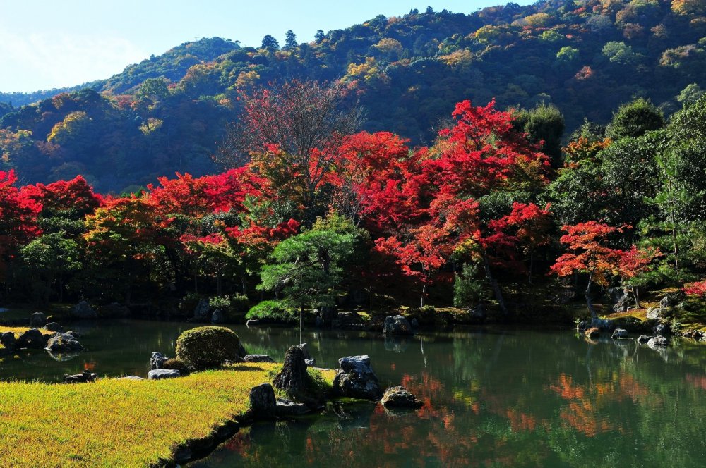 Beautiful garden with Mt. Arashi (Arashiyama) in the background. The Ooi River runs through between the garden and Mt. Arashi